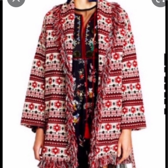 Zara Fringe Jacquard Blogger Fave Jacket Belted Coat Aztec Boho Shacket XS - Picture 13 of 14